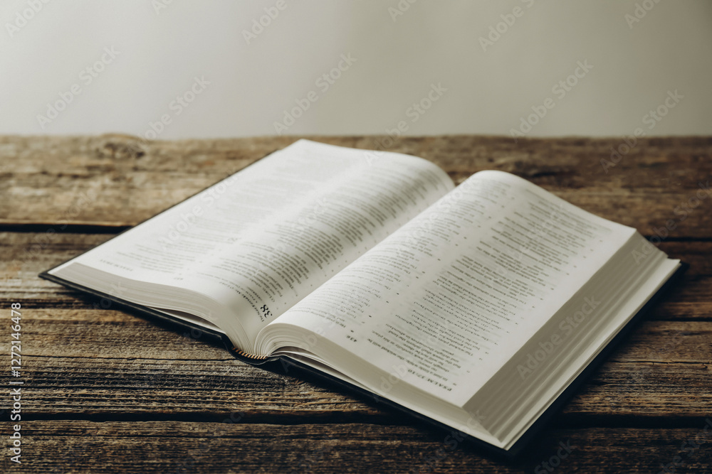 Fototapeta premium Open Holy Bible in English language on wooden table
