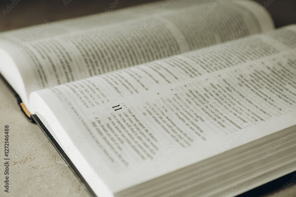 Open Holy Bible in English language on grey table, closeup Open Holy Bible in English language on grey table, closeup