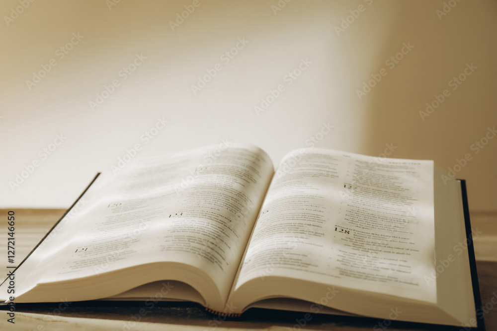 Open Holy Bible in English language on beige table, closeup Open Holy Bible in English language on beige table, closeup