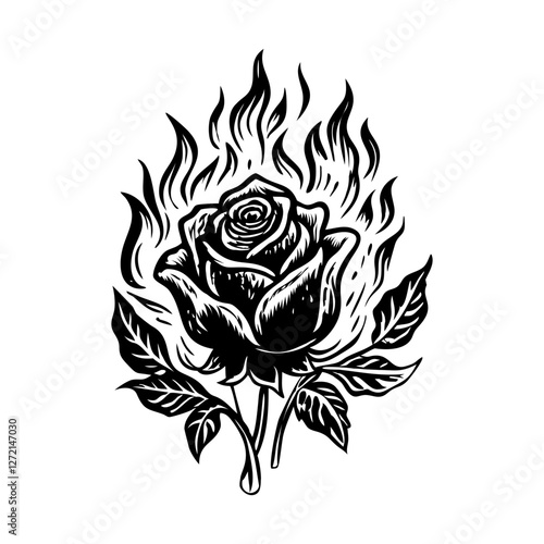 Flaming rose illustration in vintage style