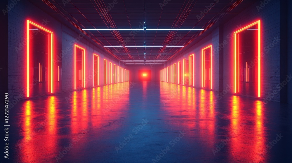 Fototapeta premium Futuristic Hallway with Neon Lights and Reflections in a Dark Space