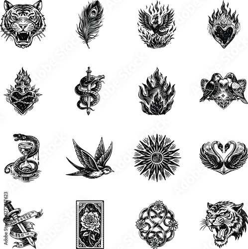 Collection of Glyph Style Tattoo Artwork Illustrations 

