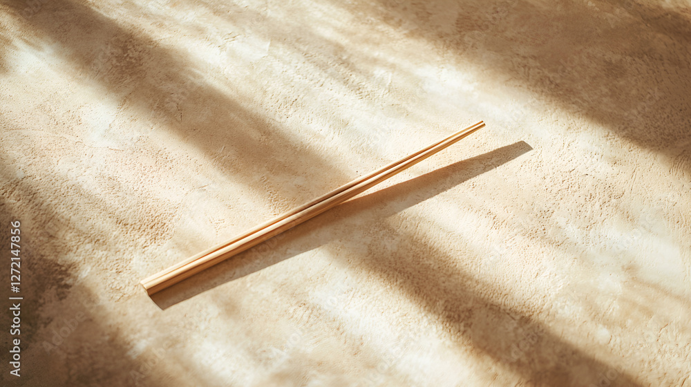 Chopsticks rest on a textured surface, bathed in sunlight and shadows, offering a minimalist, serene scene. Chopsticks rest on a textured surface, bathed in sunlight and shadows, offering a minimalist, serene scene.