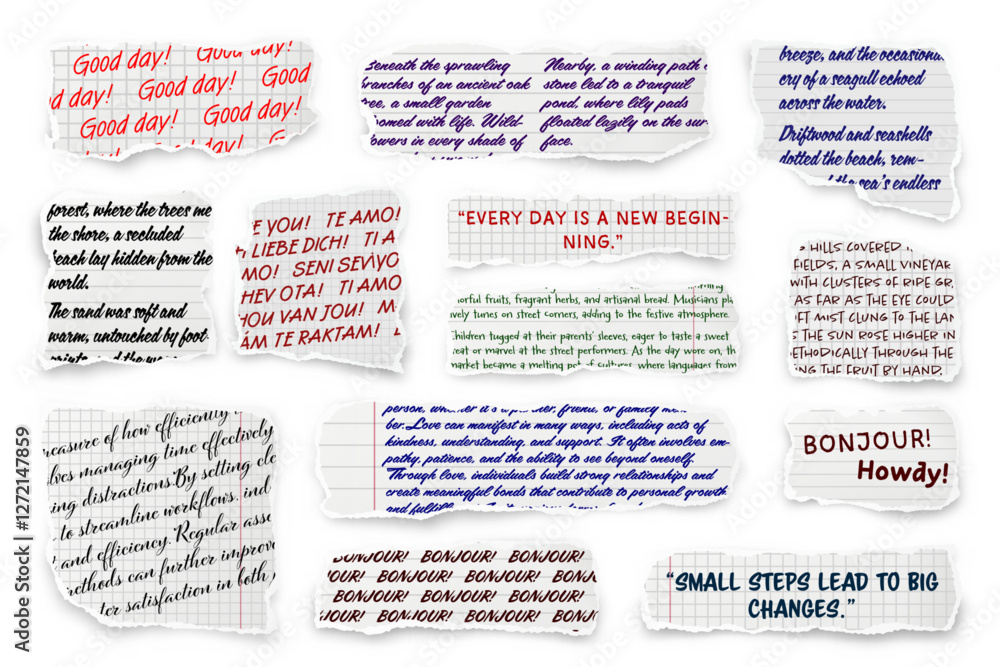 Ripped paper strips with handwritten text. Realistic crumpled paper scraps with torn edges. Shreds of notebook, book or old newspaper pages. Trendy collage elements. Vector illustration