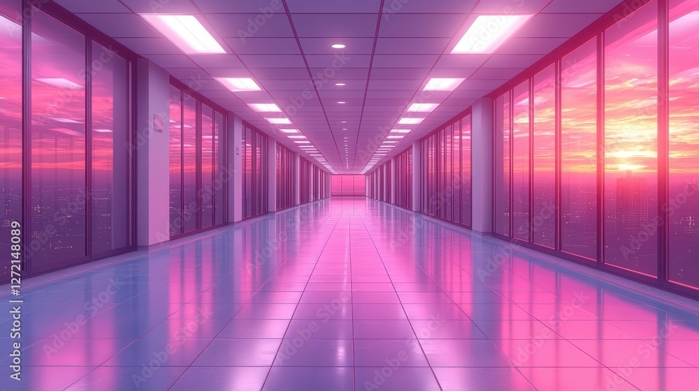 Serene Sunset Glow in Modern Office Corridor with Glass Windows Serene Sunset Glow in Modern Office Corridor with Glass Windows