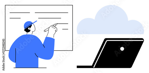 Man wearing a cap writing on whiteboard, open laptop beside blue cloud. Ideal for online learning, education, technology, remote work, cloud storage, digital transformation training. Abstract line