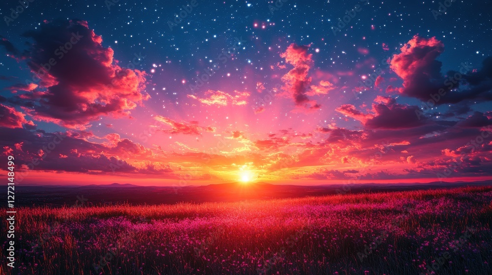 Fototapeta premium solar panel cell on dramatic sunset sky background