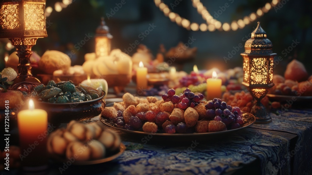 An outdoor, candlelit feast with diverse foods, displayed on ornate platters, under warm lighting. An outdoor, candlelit feast with diverse foods, displayed on ornate platters, under warm lighting.