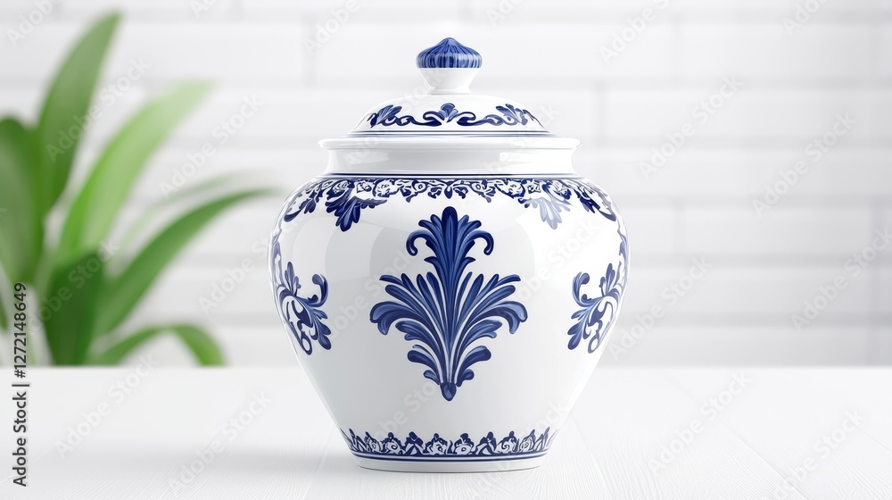 Elegant Blue and White Ceramic Vase with Ornate Design on White Background Elegant Blue and White Ceramic Vase with Ornate Design on White Background