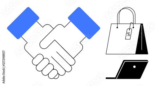 Two shaking hands with blue cuffs, a shopping bag with a discount tag, and a laptop. Ideal for business, partnership, agreement, e-commerce, retail digital transactions collaboration. Minimalist