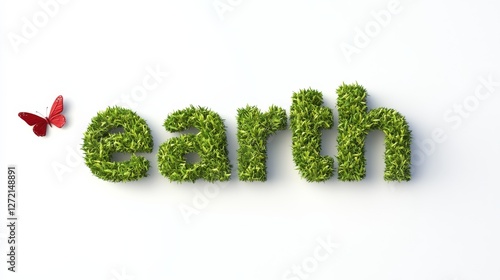 Earth Grass Text Illustration | 3D Green Lettering with Butterfly | Eco-Friendly Nature Design on White Background | Sustainable, Minimalist, and Organic Typography for Environmental Concepts