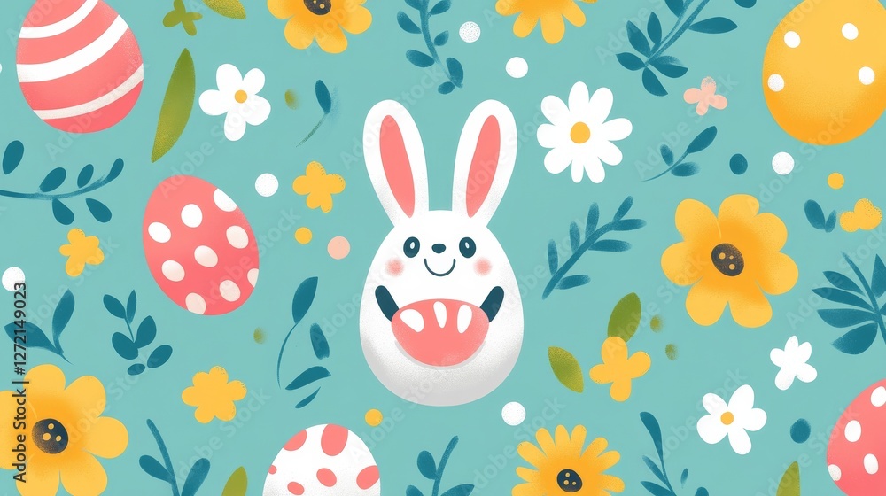 Obraz premium Easter 2D Vector Pattern | Cute Minimalist Easter Eggs, Bunnies & Flowers | Pastel Spring Seamless Design for Holiday Decor & Gift Wraps