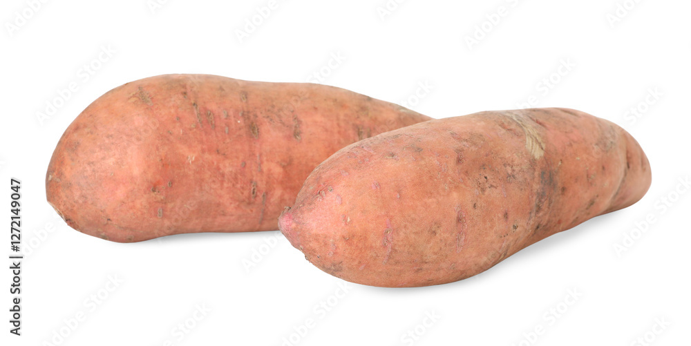 Fresh sweet potatoes isolated on white. Vegetable root Fresh sweet potatoes isolated on white. Vegetable root