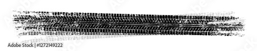 Grunge tire tracks with mud splatters, dirty wheel braking marks. Truck, car, or motorcycle tread pattern silhouettes. Perfect for off-road, motorsport, and racing designs. Vector illustration