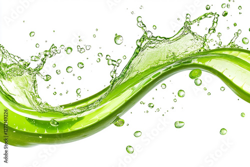 Aloe vera juice splashes energetically, forming waves and droplets against a pure white backdrop, showcasing its vibrant green color