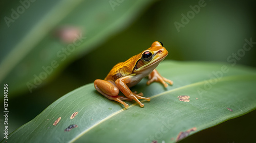 A tiny frog on a leaf croaking melodiously photo