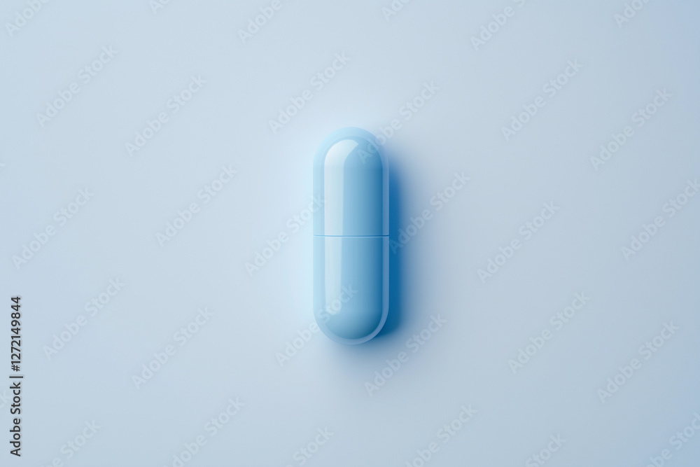 Single blue capsule resting on a pristine white surface represents the essence of modern medication and health solutions for everyday needs Single blue capsule resting on a pristine white surface represents the essence of modern medication and health solutions for everyday needs