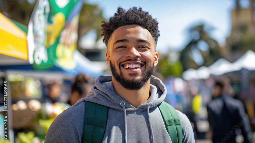 Smiling young black man enjoying an outdoor community event on sunny day Smiling young black man enjoying an outdoor community event on sunny day