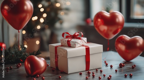 Gift boxes tied with red bows surrounded by heart-shaped balloons on a table, ideal for Valentine's Day, love, and holiday decoration concepts. photo