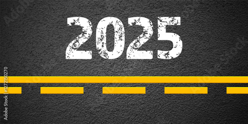Asphalt road with yellow lane marking, concrete highway surface, texture. New year 2025. Street traffic line, road dividing strip. Pattern grainy structure, grunge background. Vector illustration