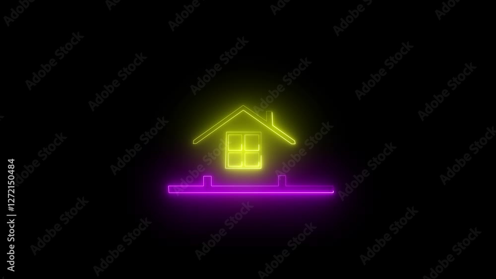 .home icon on black background Neon line glowing yellow color home icon black background video animation. .home icon on black background Neon line glowing yellow color home icon black background video animation.