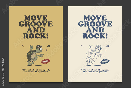 retro 30s poster or graphic t-shirt design featuring a playful turtle cartoon character, vector illustration