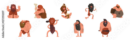 Stone Age Bearded Man Character with Barefoot Vector Set