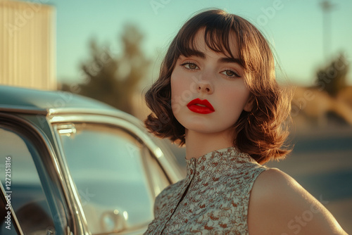 A woman in a retro dress and red lipstick stands near a vintage car photo