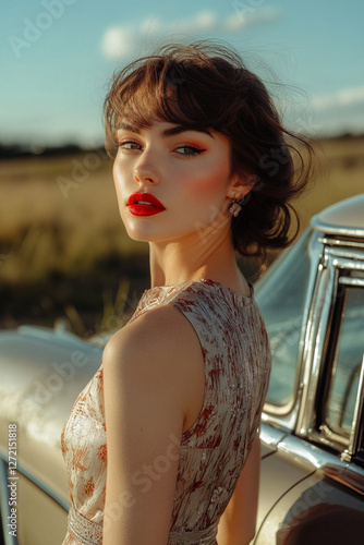 A woman in a retro dress and red lipstick stands near a vintage car photo