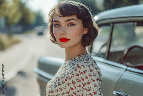 A woman in a retro dress and red lipstick stands near a vintage car photo