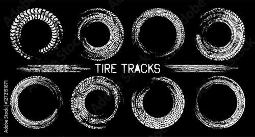Grunge circle tire tracks, wheel braking marks. Truck, car or motorcycle tread pattern silhouettes. Auto race, motorsport, speed racing design element. Vector illustration