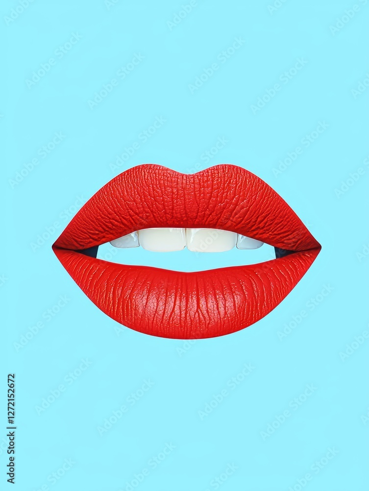 Bold Red Lipstick on Teeth-Baring Smile Against Vibrant Blue Background Bold Red Lipstick on Teeth-Baring Smile Against Vibrant Blue Background