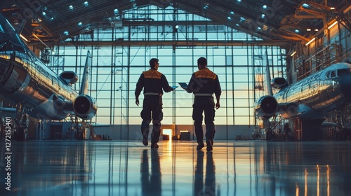 Inside a spacious aircraft hangar aglow with soft twilight light, two flight engineers share ideas as they walk past sleek, parked airplanes. Their camaraderie shines amidst aircraft reflections photo