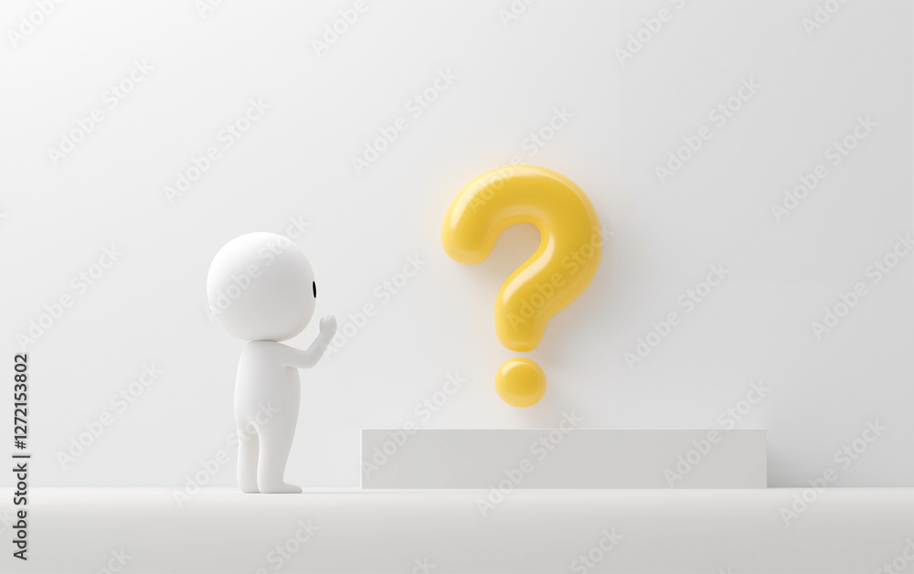 Question mark and white figure on white background showing curiosity and question. Yellow question mark on white stand with white human figure. Question mark concept Question mark and white figure on white background showing curiosity and question. Yellow question mark on white stand with white human figure. Question mark concept
