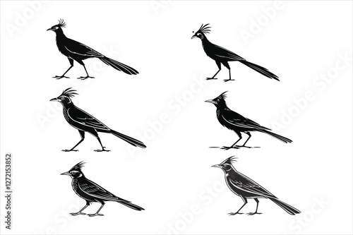 A black silhouette of a crested lark standing.