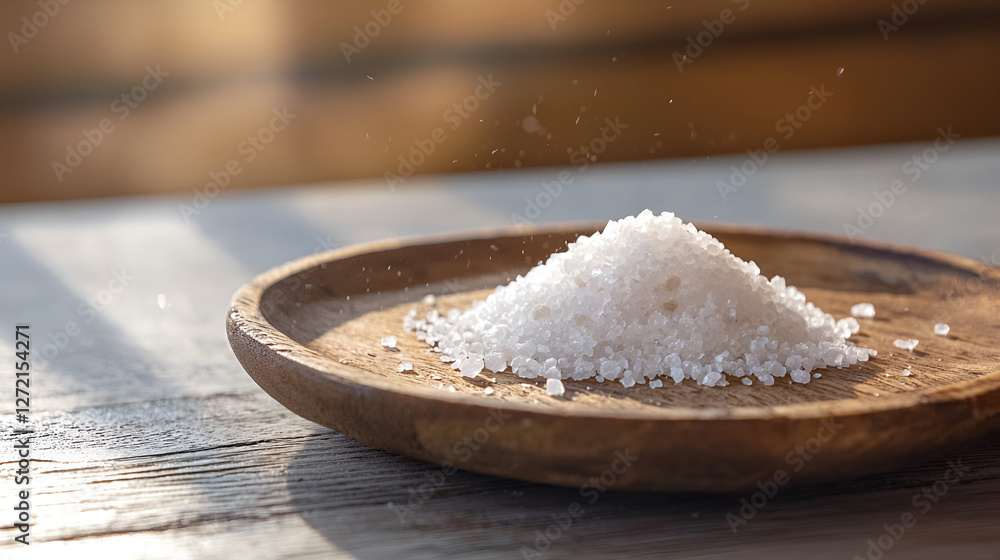 Heap of white crystals on a wooden plate lit by the sun, with grains sprinkling on the table. Heap of white crystals on a wooden plate lit by the sun, with grains sprinkling on the table.
