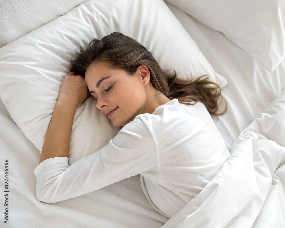 Top view of calm lady sleeping well on her back, resting, enjoying fresh cotton bedding, soft pillow and comfy mattress, copy space, banner