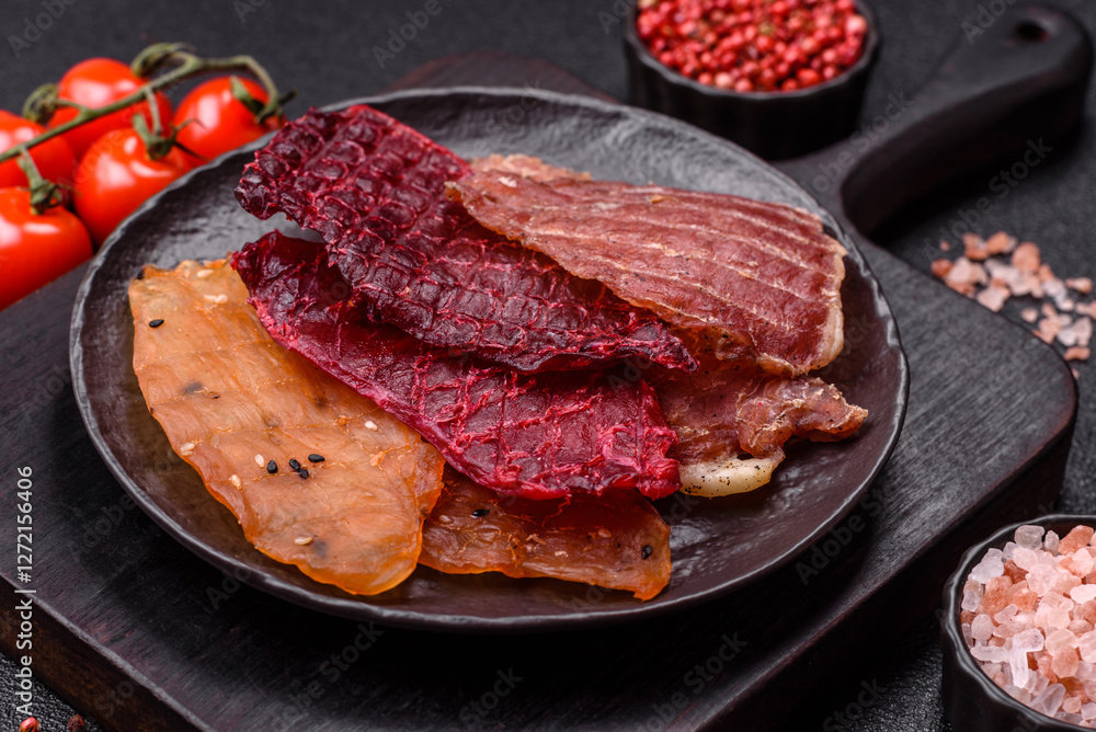 Jerky, dried meat in the form of slices with salt, spices and herbs Jerky, dried meat in the form of slices with salt, spices and herbs