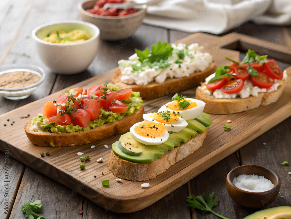 A wooden cutting board topped with slices of bread, avocado, tomatoes, and eggs, accompanied by bowls of sauces and garnished with coriander leaves. The scene is set on a wooden surface with a white c A wooden cutting board topped with slices of bread, avocado, tomatoes, and eggs, accompanied by bowls of sauces and garnished with coriander leaves. The scene is set on a wooden surface with a white c