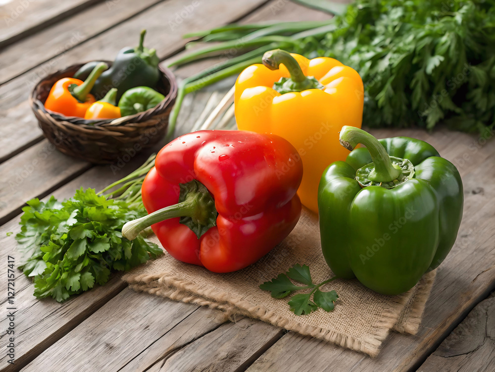 A rustic wooden table adorned with a variety of fresh vegetables, including capsicums and parsley, placed atop a jute cloth. The vibrant colors of the vegetables contrast with the weathered texture of A rustic wooden table adorned with a variety of fresh vegetables, including capsicums and parsley, placed atop a jute cloth. The vibrant colors of the vegetables contrast with the weathered texture of