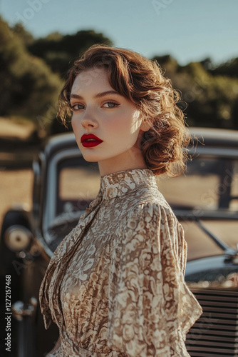 A woman in a retro dress and red lipstick stands near a vintage car photo