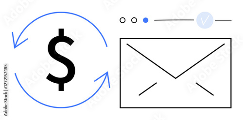 Dollar sign with circular arrows and envelope icon, suggesting transaction or refund via email. Ideal for finance apps, digital payments, online transactions, email marketing, refunds, communication