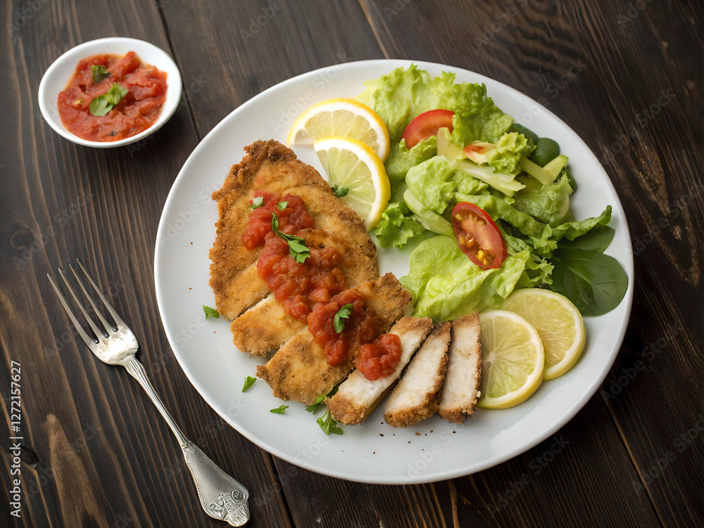 A top-down view of a white plate on a wooden surface, featuring a succulent piece of chicken schnitzel garnished with a vibrant red sauce, accompanied by a fresh green salad. Accompanying the plate is A top-down view of a white plate on a wooden surface, featuring a succulent piece of chicken schnitzel garnished with a vibrant red sauce, accompanied by a fresh green salad. Accompanying the plate is