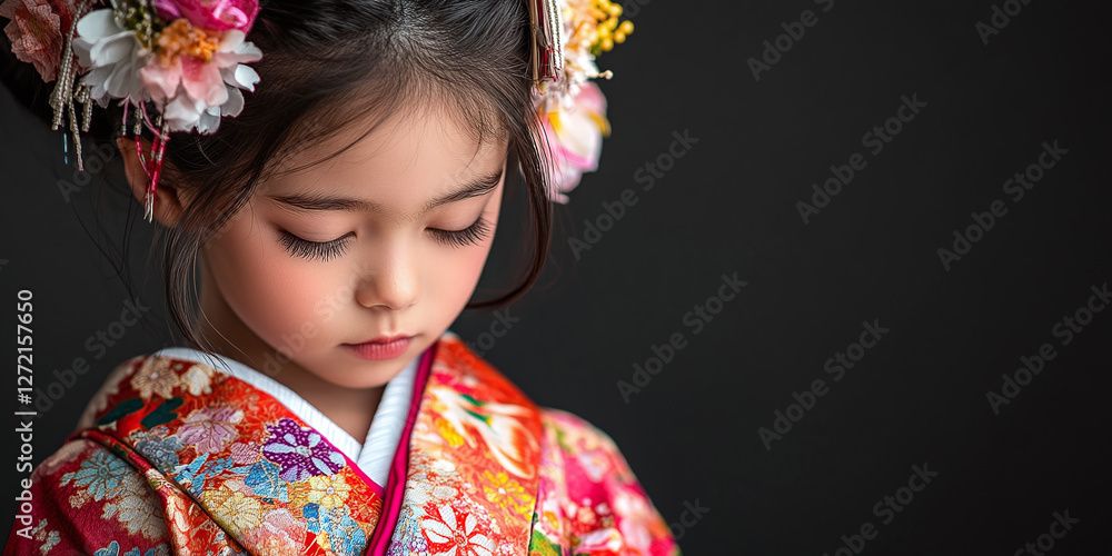 Young girl in traditional attire with floral hair ornaments, gazing downward with a serene expression. Cultural elegance in a minimalist setting. Young girl in traditional attire with floral hair ornaments, gazing downward with a serene expression. Cultural elegance in a minimalist setting.