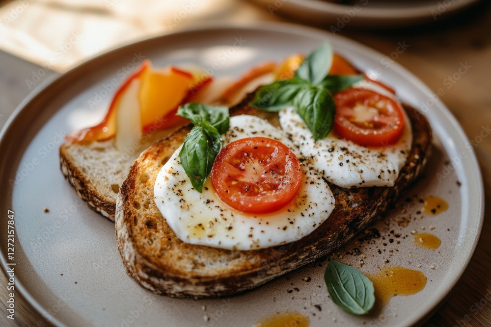Slices of hearty whole-grain bread are artfully adorned with melted mozzarella, ripe tomato slices, and fresh basil. This vibrant breakfast radiates warmth and flavor, perfect for a sunny morning Slices of hearty whole-grain bread are artfully adorned with melted mozzarella, ripe tomato slices, and fresh basil. This vibrant breakfast radiates warmth and flavor, perfect for a sunny morning