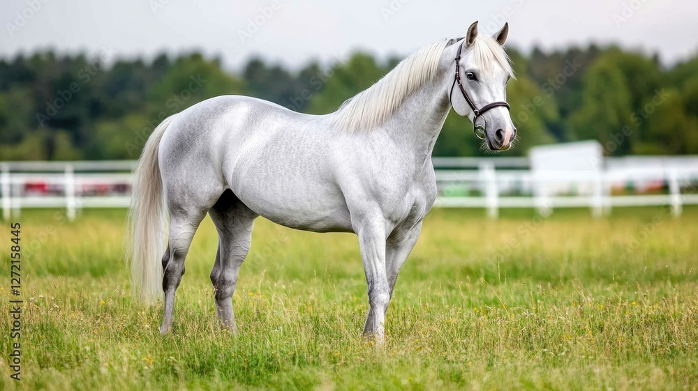 Majestic white horse standing in lush green field Majestic white horse standing in lush green field