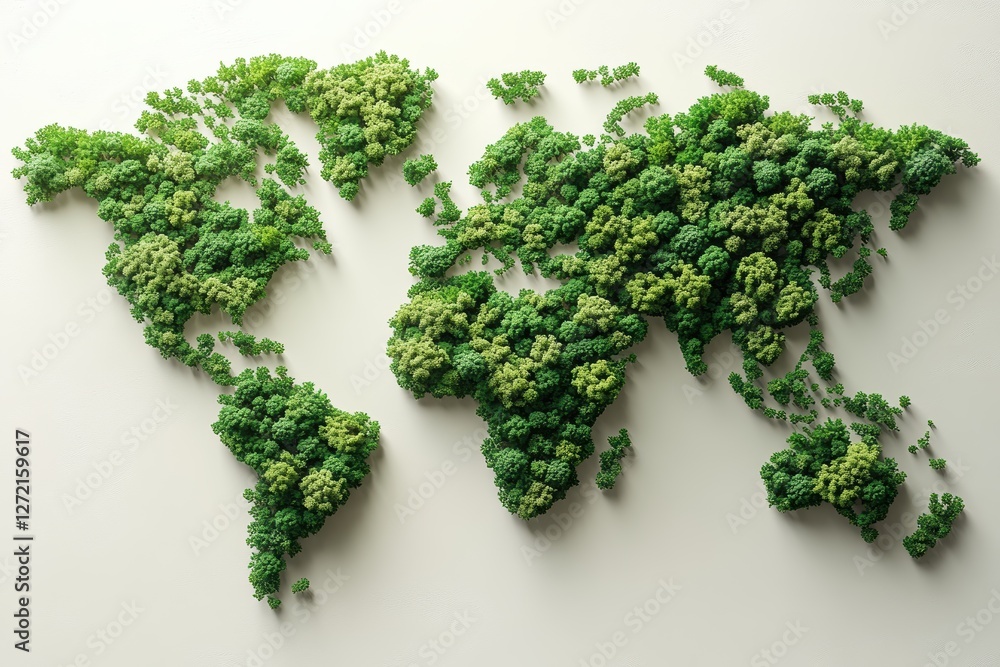 Creative graphic layout representing a lush green world map featuring plant elements Creative graphic layout representing a lush green world map featuring plant elements