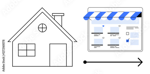 House next to e-commerce webpage with awning, arrow pointing towards store. Ideal for online business, e-commerce, digital transformation, home shopping, retail transition, internet commerce