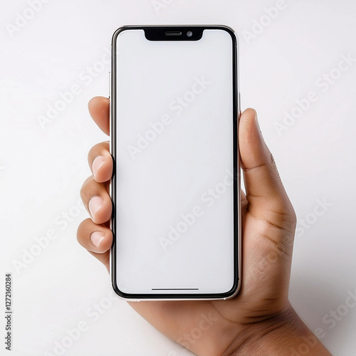 mano sostiene un telefono movil color blanco, aislado, sobre fondo blanco, mockup
