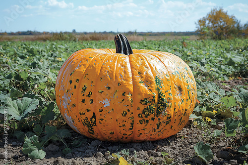 A vibrant orange pumpkin, speckled with green, sits proudly in a sundrenched pumpkin patch.  Its rustic charm evokes autumn harvest and Thanksgiving themes. photo